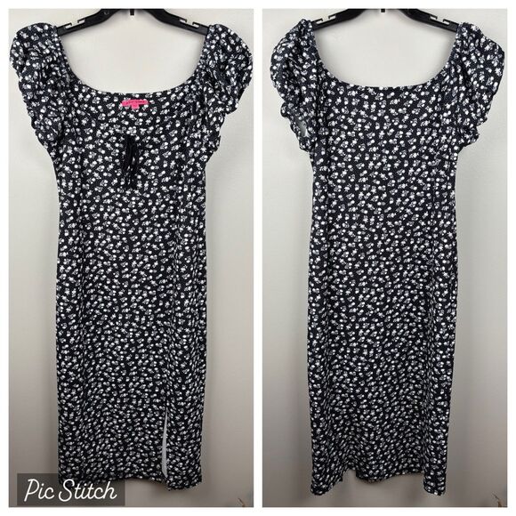 Betsey Johnson Maxi Dress Large Puff Short Sleeves Lace-up Slit Floral JM108674 - Picture 1 of 13